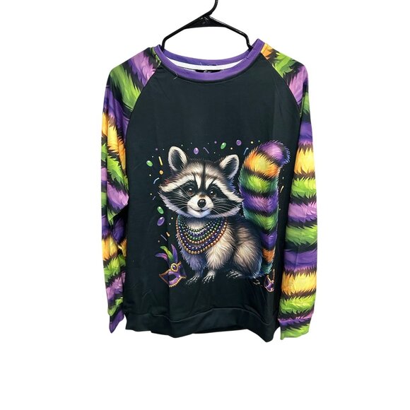 Shall We Mardi Gras Raccoon Sweatshirt Black Multi Sz Large Polyester Relaxed - Picture 1 of 11